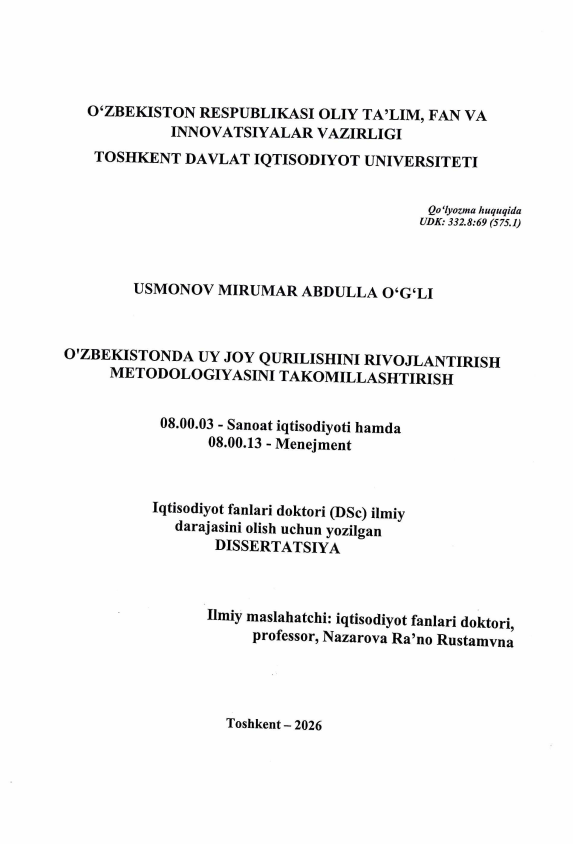 O'zbekistonda uy joy qurilishini rivojlantirish metodologiyasini takomillashtirish