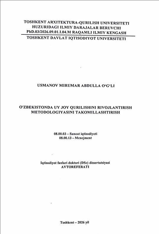O'zbekistonda uy joy qurilishini rivojlantirish metodologiyasini takomillashtirish
