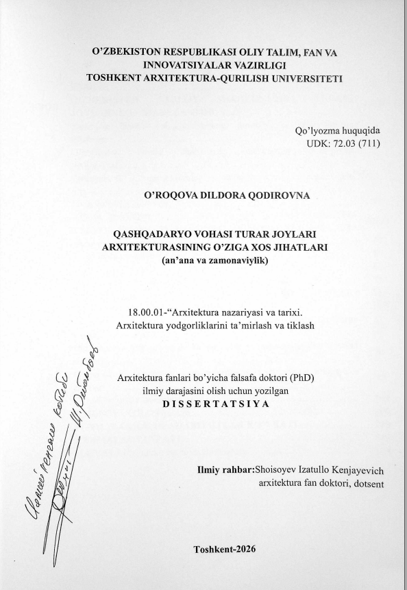 Qashqadaryo vohasi turar joylari arxitekturasining o'ziga xos jihatlari (an'ana va zamonaviylik)
