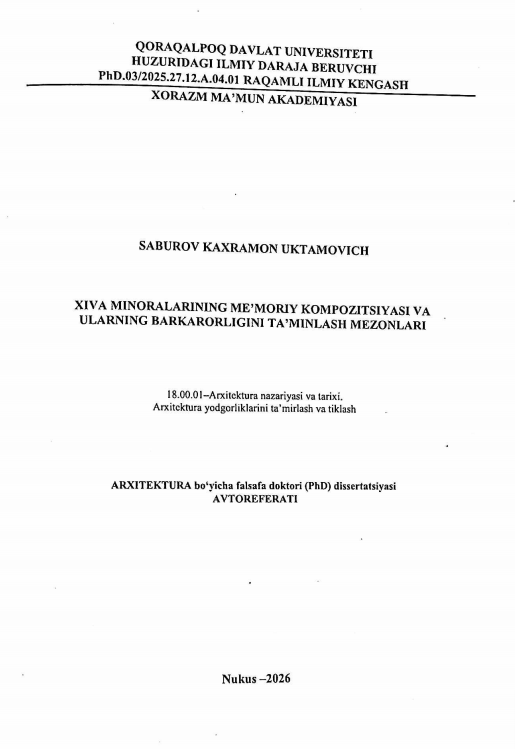 Xiva minoralarinig me'moriy kompozitsiyasi va ularning barqarorligini ta'minlash mezonlari